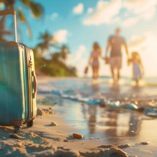 Family summer vacation concept. Suitcase on the beach with happy family blur on background